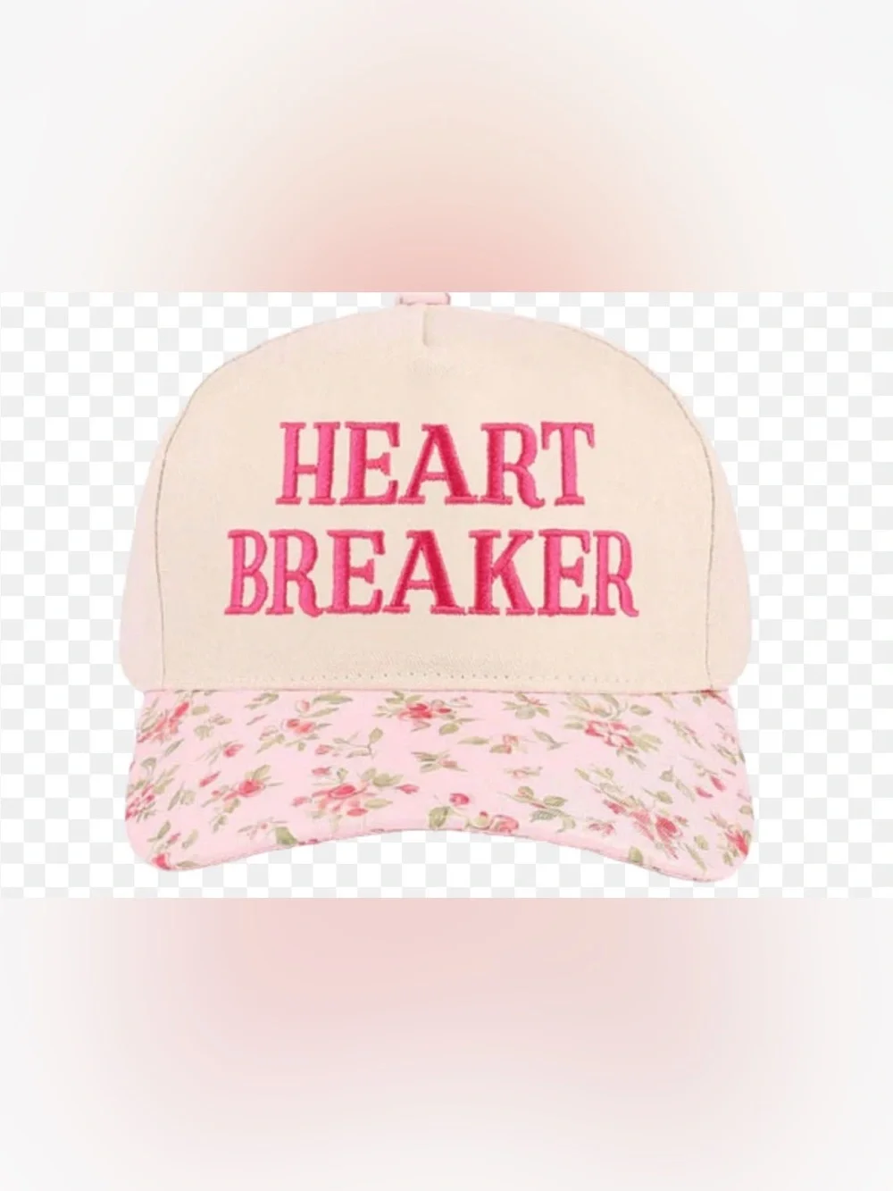 NWT Women’s Trucker Hat Cream and Pink Floral Embroidered HEART BREAKER Cap
